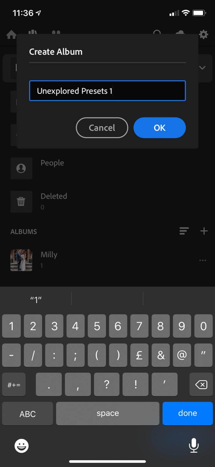 Lightroom mobile app create album